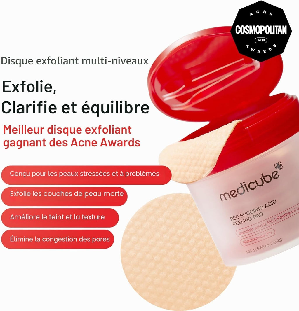 Medicube Red Succinic Acid Peeling Pads 70 unités – Anti-acné, exfoliant AHA/BHA